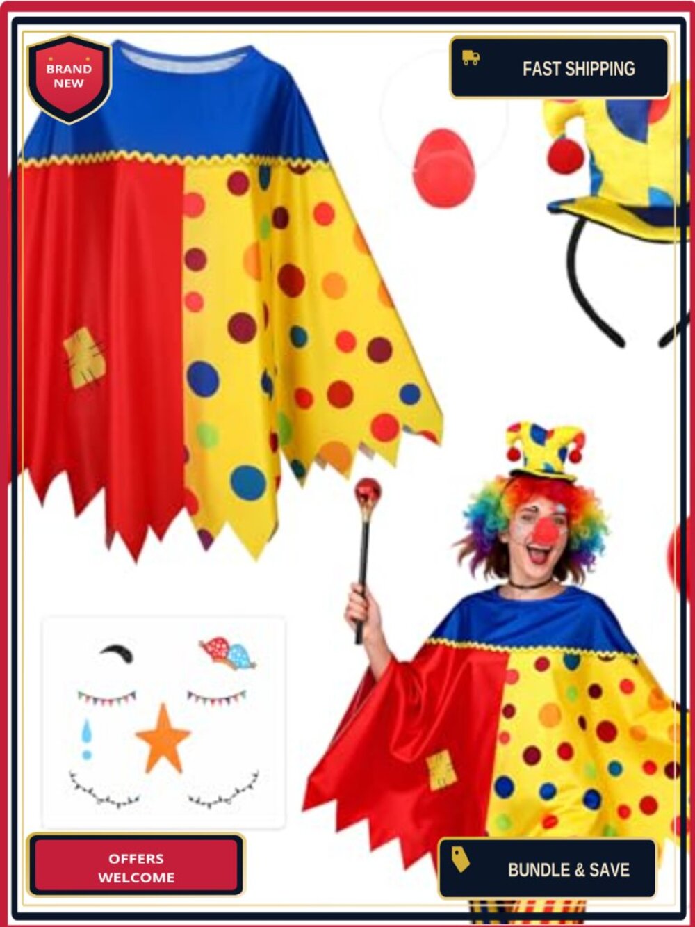 5pc Clown Costume Set Poncho Headband Cane Nose Stickers Halloween Party